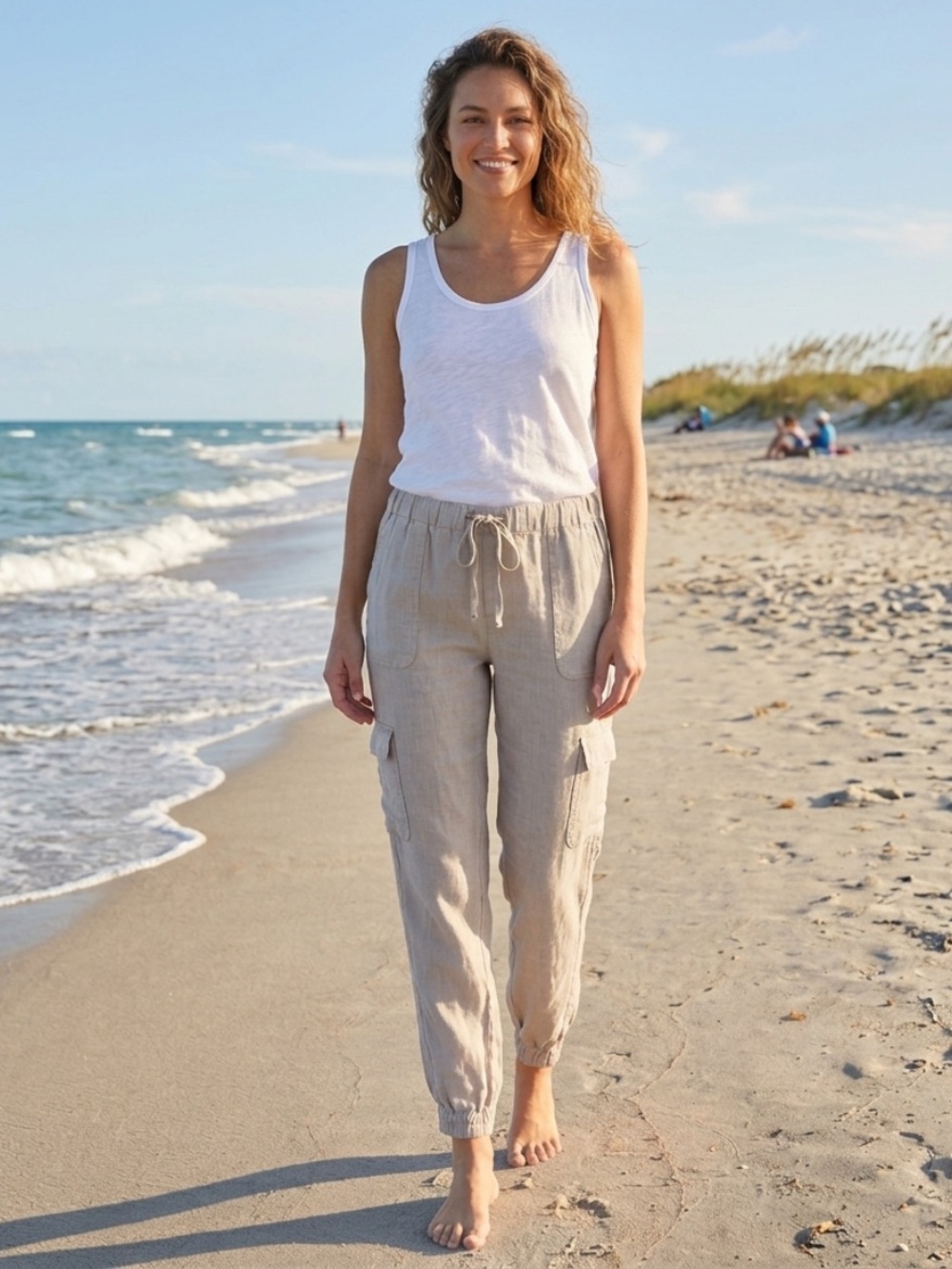 Nicole Miller Linen Cargo Jogger Pants Medium Drawstring Coastal Lightweight